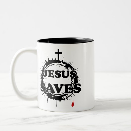Jezus redt met kruis en doornenkroon tweekleurige koffiemok (Links)