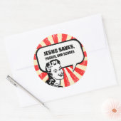 JEZUS REDT, SLAAGT EN SCOORT RONDE STICKER (Envelop)