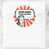 JEZUS REDT, SLAAGT EN SCOORT RONDE STICKER (Tas)