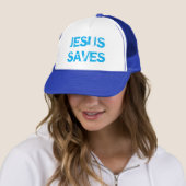 JEZUS REDT TRUCKER HOED - WIT & KONINKLIJK PET (In situ)