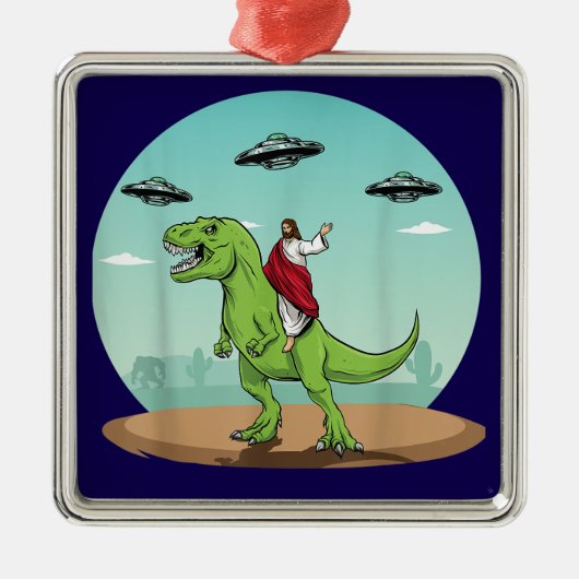 Jezus Rijden Een Dinosaurus Grappige Bigfoot UFO A Metalen Ornament (Voorkant)