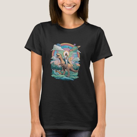 Jezus Rijden in de ruimte T-Rex Dinosaur Meme Sci- T-shirt (Voorkant)