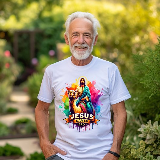 Jezus rijdt op een kleurrijke kameel in levendige  t-shirt