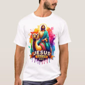 Jezus rijdt op een kleurrijke kameel in levendige  t-shirt (Voorkant)