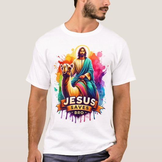 Jezus rijdt op een kleurrijke kameel in levendige  t-shirt (Voorkant)