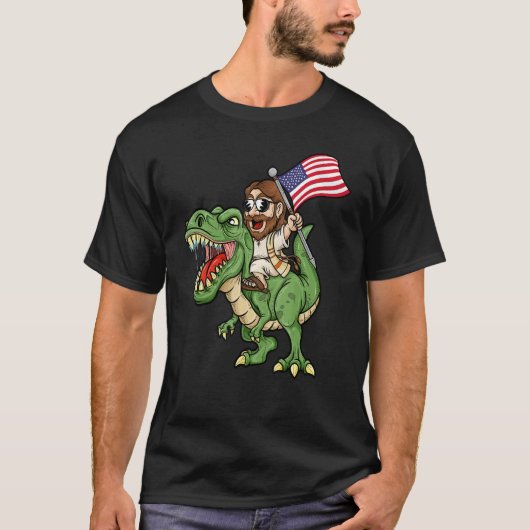 Jezus rijdt op een Tyrannosaurus Rex dinosaurus VS T-shirt (Voorkant)