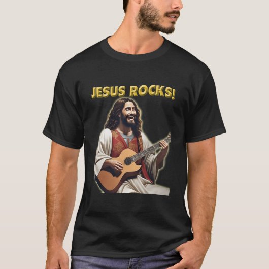 Jezus Rocks Jezus spelen gitaar Deel je geloof T-shirt (Voorkant)