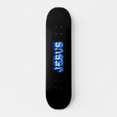 Jezus skateboard blauw vuur en vlammenontwerp. (Voorkant)