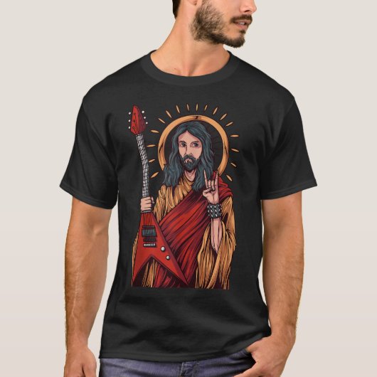 Jezus speelt zware metalen gitaar t-shirt (Voorkant)