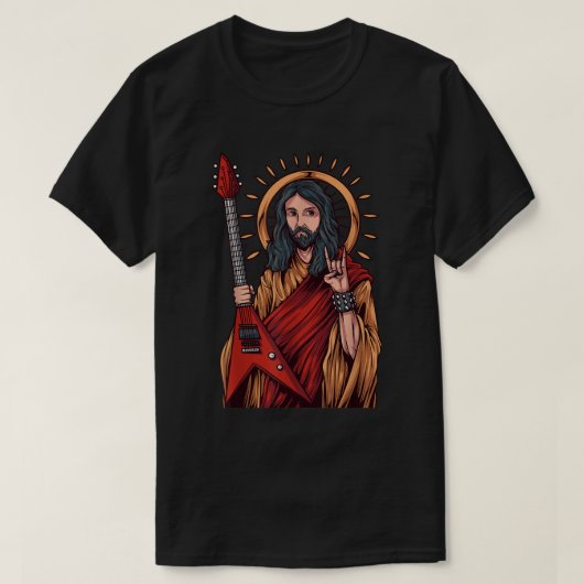 Jezus speelt zware metalen gitaar t-shirt (Design voorkant)
