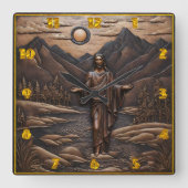 Jezus staat aan de rivier in het berglandschap vierkante klok (Voorkant)