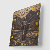 Jezus staat aan de rivier in het berglandschap vierkante klok (Hoek)