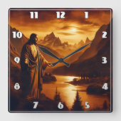 Jezus staat bij de rivier bij zonsondergang in de vierkante klok (Voorkant)