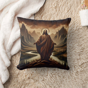 Jezus staat in majestueuze bergen bij zonsondergan kussen