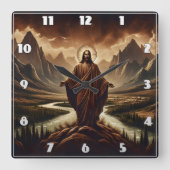 Jezus staat in majestueuze bergen bij zonsondergan vierkante klok (Voorkant)