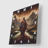 Jezus staat in majestueuze bergen bij zonsondergan vierkante klok (Hoek)