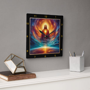 Jezus staat op het hemelse licht vierkante klok