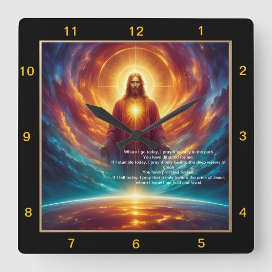 Jezus staat op het hemelse licht vierkante klok (Voorkant)