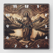 Jezus staat voor de majestueuze bergen bij zonsopg vierkante klok (Voorkant)