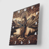 Jezus staat voor de majestueuze bergen bij zonsopg vierkante klok (Hoek)