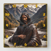 Jezus standbeeld in bergrivierlandschap vierkante klok (Voorkant)