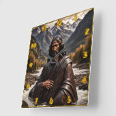 Jezus standbeeld in bergrivierlandschap vierkante klok (Hoek)