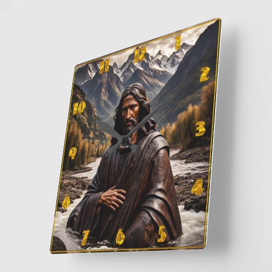 Jezus standbeeld in bergrivierlandschap vierkante klok (Hoek)