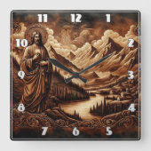 Jezus te midden van bergen en rivierlandschap vierkante klok (Voorkant)