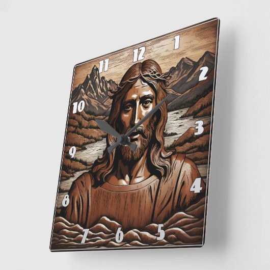 Jezus te midden van bergen en rivierlandschap vierkante klok (Hoek)