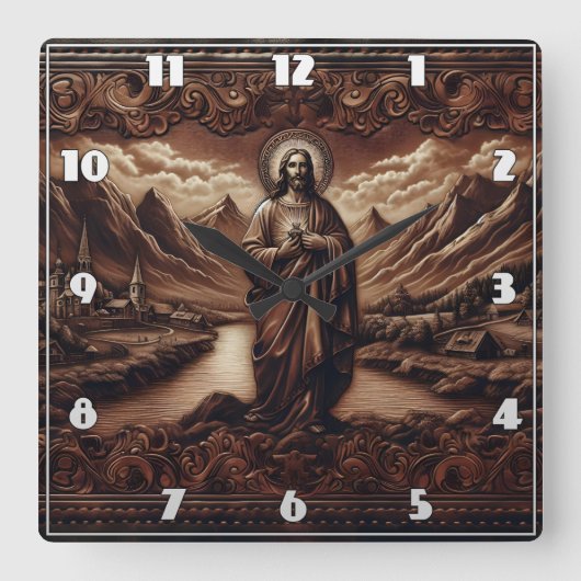 Jezus temidden van berglandschap bij zonsondergang vierkante klok (Voorkant)