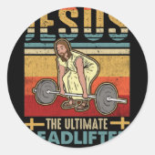 Jezus The Ultimate Deadlifter Funny Workout Gym Ronde Sticker (Voorkant)