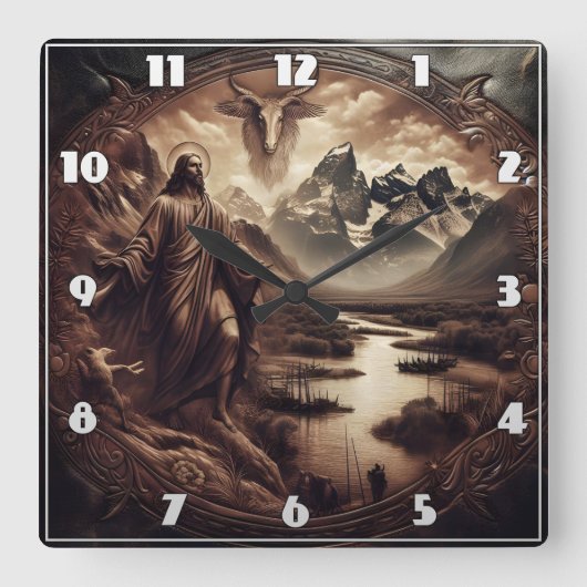 Jezus tussen de bergen en de rivieren in Natuur Vierkante Klok (Voorkant)