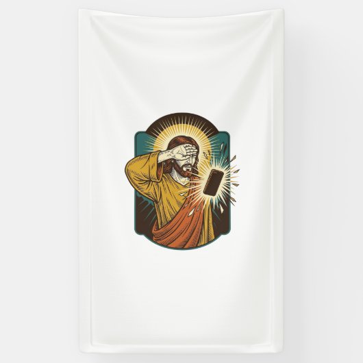 Jezus verblindt maximale helderheid telefoon midde spandoek (Verticaal)