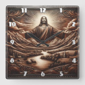 Jezus verwelkomd in een sereen berglandschap vierkante klok (Voorkant)