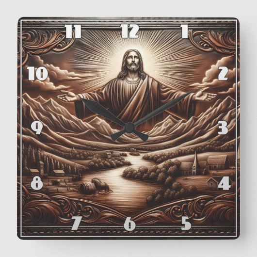 Jezus verwelkomd in een sereen berglandschap vierkante klok (Voorkant)
