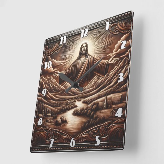 Jezus verwelkomd in een sereen berglandschap vierkante klok (Hoek)