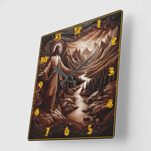 Jezus verwelkomd in een sereen berglandschap vierkante klok (Hoek)