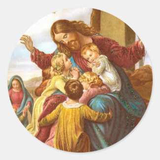 Jezus verwelkomt kinderen rond de stickers
