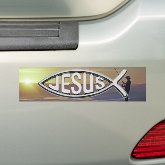 Jezus Vis met zonsondergang en visser Bumpersticker (Op auto)