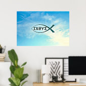 Jezus vis tegen blauwe achtergrond poster (Thuiskantoor)