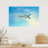 Jezus vis tegen blauwe achtergrond poster (Keuken)