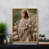 Jezus wandelt met zijn lammeren poster