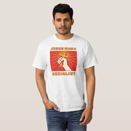 Jezus was een socialistische citaat  rood en geel t-shirt (Voorkant volledig)