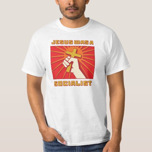 Jezus was een socialistische citaat  rood en geel t-shirt (Voorkant)