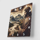 Jezus wijst naar majestueus berglandschap vierkante klok (Hoek)