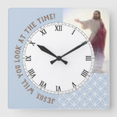 Jezus wil je kijken naar de Time Light Blue Clock Vierkante Klok (Voorkant)