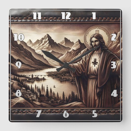 Jezus zegent een berglandschap vierkante klok (Voorkant)
