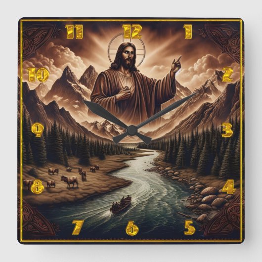 Jezus zegent een sereen rivierlandschap vierkante klok (Voorkant)