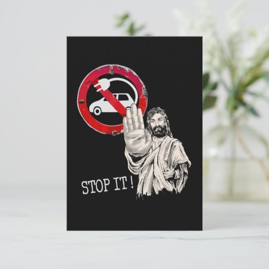 Jezus zegt nee tegen elektrische auto’s bedankkaart (Staand voorkant)