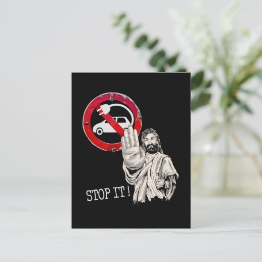 Jezus zegt nee tegen elektrische auto’s briefkaart (Staand voorkant)
